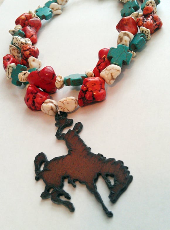 Silver Bit Jewelry Turquoise and Rustic Metal Bronco Rider Necklace