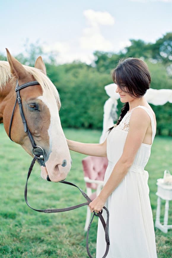 Bride and horse at an outdoor wedding