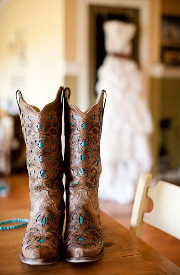 Brown and turquoise boots with a wedding dress