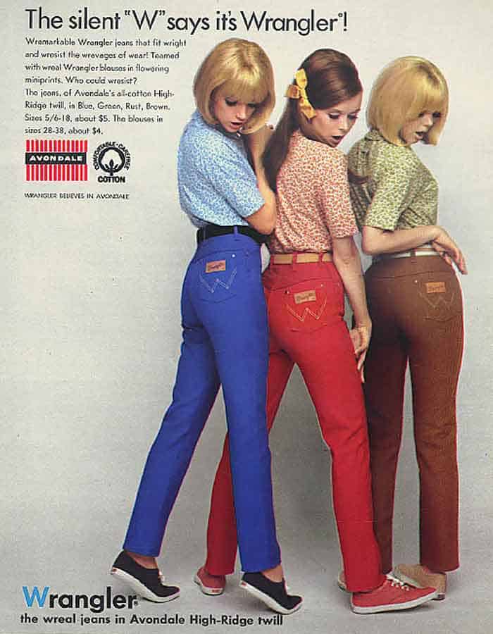 women in wrangler wrangler wranglers blue bell vintage western fashion 1980 1990 cowboy men man cowgirl magazine high waist high waisted high rise rockies colored denim color
