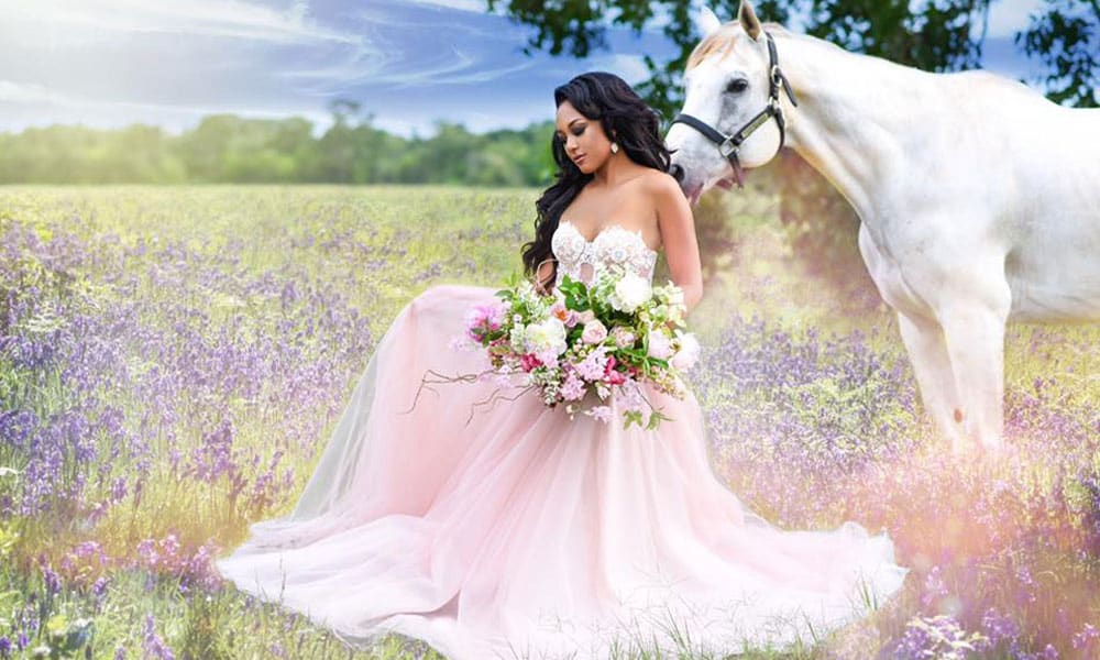 fairytale bridal bridals grant foto steven grant photo photos photography dreamy pink wedding dress marriage white horse unicorn bouquet