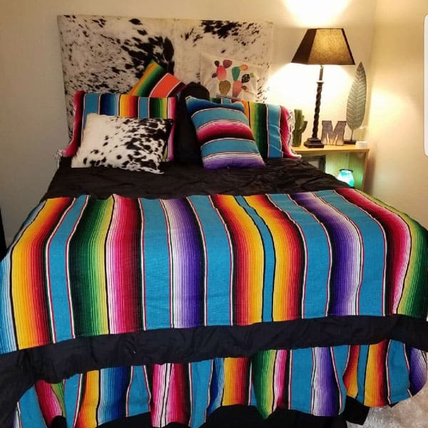 dorm life on point red dirt revival serape Mexican bright colors college bedroom bed bedding cowgirl magazine