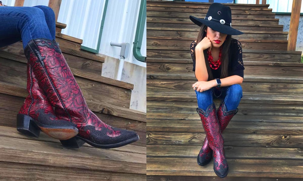 custom boots trunk show rios of Mercedes Anderson bean Olathe stingray red floral tooled tooling custom is cool saddle rags the western store cowgirl magazine