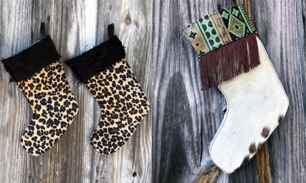 vandi vann vjv designs Christmas sassy stockings cheetah leopard fringe holiday holidays mantle decorations winter cowgirl magazine
