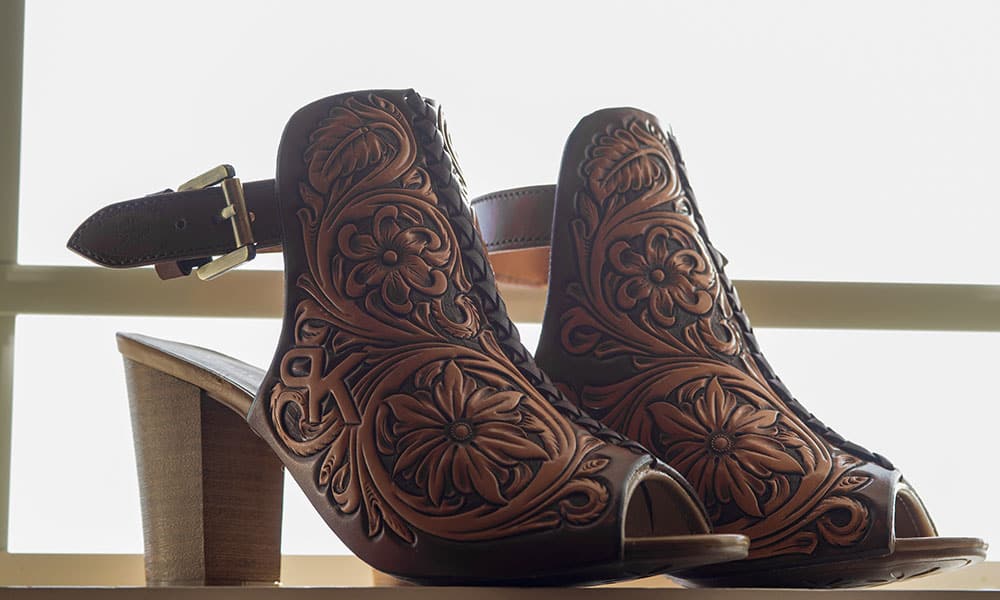 Jason Becker custom leather bride bridal shoes tooled leather wedding weddings wedding shoes cowgirl magazine