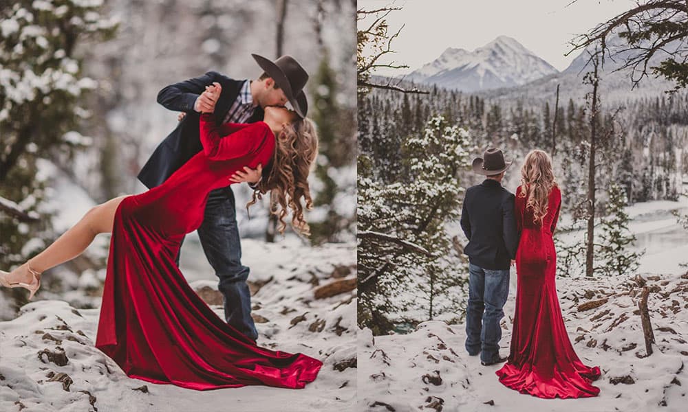 winter wonderland Montanna thurtnell troy Wilkinson pbr engagement session canada velvet dress red