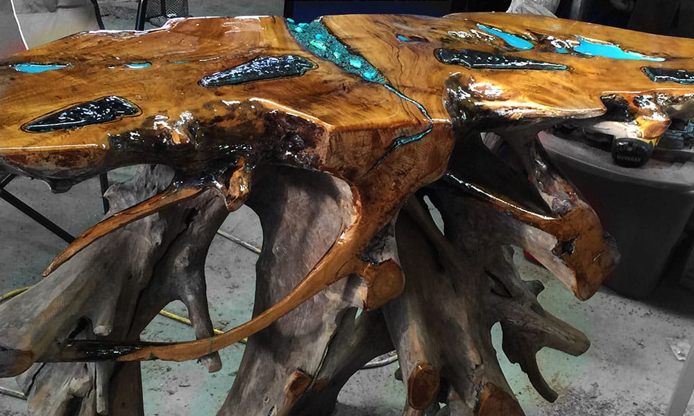 wood turquoise inlay table by touch of earth