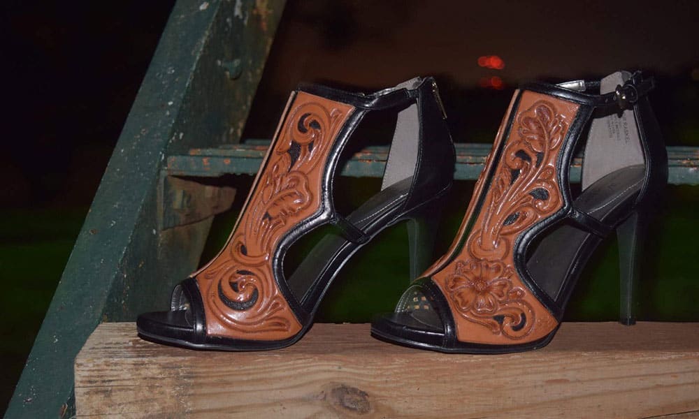 Jason Becker custom leather tooled high heel leather shoes cowgirl magazine