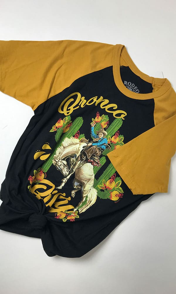 spring t-shirt with gold sleeves, bronco and cactus