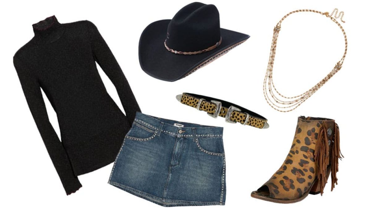 black shirt denim skirt and animal print accessories cowgirl magazine