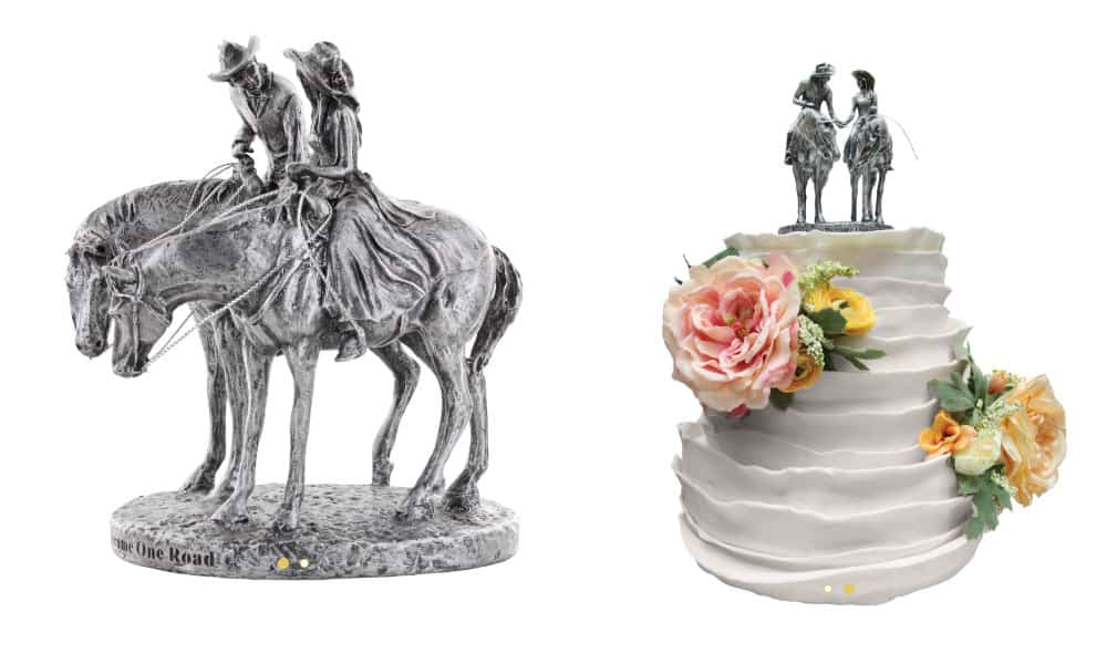 Cake topper with bride and groom on top of a wedding cake