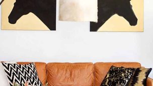 Modern-equestrian-living-room-with-a-DIY-drum-cowhide-lampshade