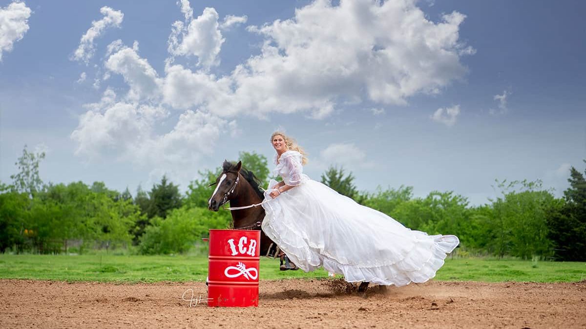 Mom's wedding dress. This Bride Is Running Barrels In Her Mom's Wedding Dress bridal running barrels cowgirl magazine