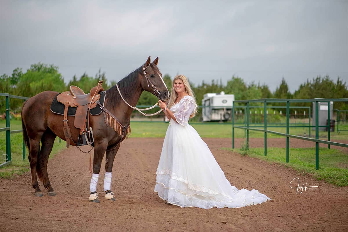 This Bride Is Running Barrels In Her Mom's Wedding Dress bridal running barrels cowgirl magazine