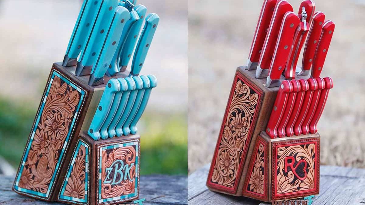 broken j designs tooled leather knife block knives knife cowgirl magazine leather work