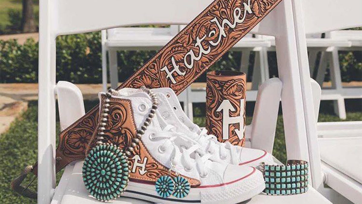 Jason Becker custom leather wedding shoes bride bridal tooled leather converse bouquet wrap cowgirl magazine