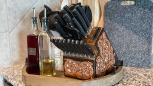 Jason Becker custom leather knife block tooled leather custom kitchen cutlery cowgirl magazine