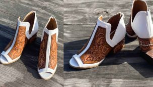 tooled wedding booties Jason Becker custom leather tooled leather wedding shoes cowgirl magazine